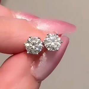 2CT Moissanite Stud Earrings Platinum Rhodium Crown Setting 925 Sterling Silver